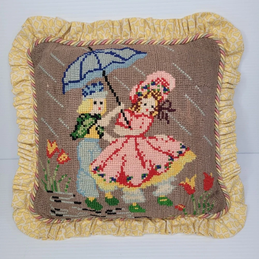 Vintage 2 Girls with Umbrella Needlepoint Pillow 13